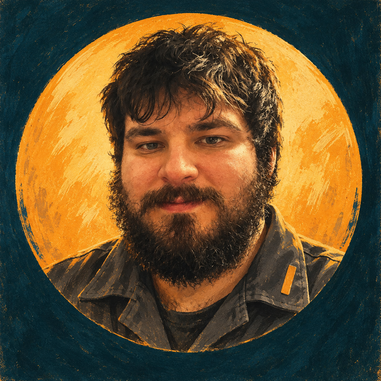 Illustrated portrait of Scott against an amber circle